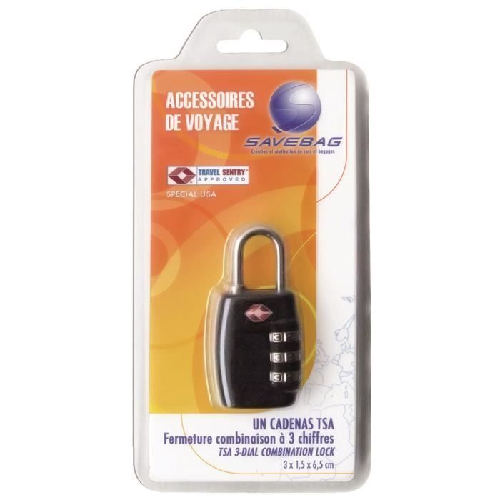 SAVEBAG Cadenas TSA à combinaison 3 chiffres en zinc - Noir