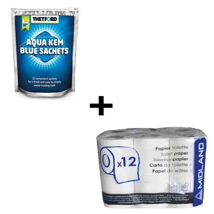 THETFORD Sachets Aqua-Kem bleu de 12 recharges - Traitement écologique des toilettes + Papier toilette WC chimique 12 rouleaux