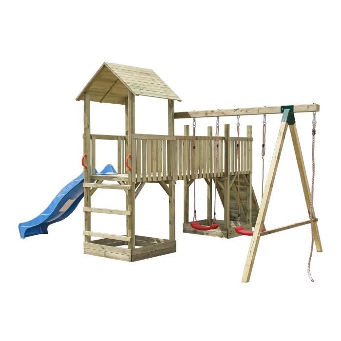 Balançoire / Portique enfant Aire de Jeux Compléte en Bois avec 2 Balançoires, 1 Toboggan, 1 Mur d'Escalade, 1 tour et 1 passerelle