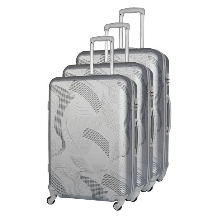 CDB Set de 3 Valises Chariots Rigides ABS Imprimé 4 Roues 51-61-71cm Argenté