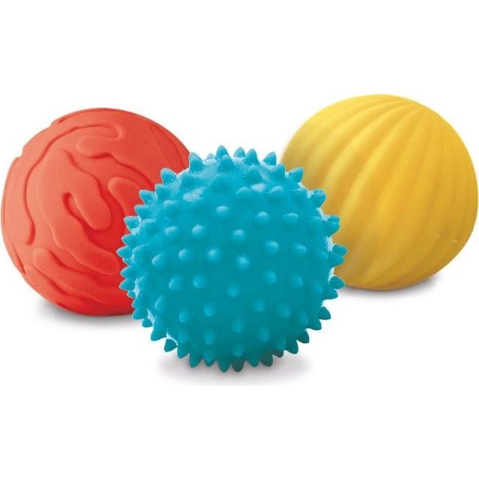 LUDI 3 Balles Sensorielles Dès 6 mois. 2 balles nervurées et 1 balle à picots tendre pour les massages. Balles souples et faciles à
