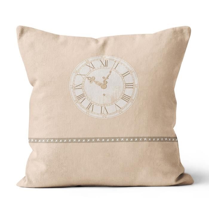 SOLEIL D' OCRE Coussin Esprit de Famille 100% coton - Déhoussable - 40 x 40 cm - Horloge - Naturel