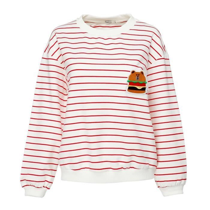 DAPHNEA - Sweat Marinière Oversize Rayé Rouge et Blanc Patch Burger