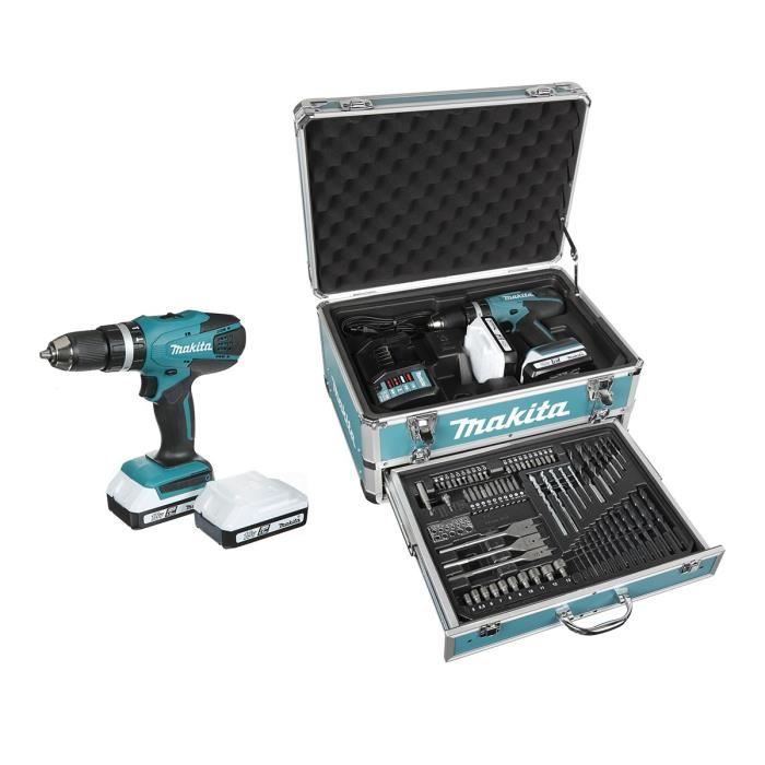 MAKITA Perceuse-visseuse à percussion HP457DWEX4 avec 2 batteries 18V 1,3Ah Li-ion, mallette en aluminium et 74 accessoires
