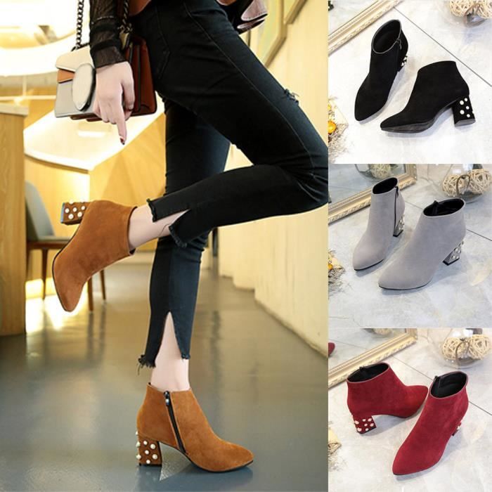 Chaussures Talon marron Rouge Décoration Printemps Occasionnels 1001 Perle Femmes Sjf71221731 gris Carré Cheville Bottes noir qgwFW