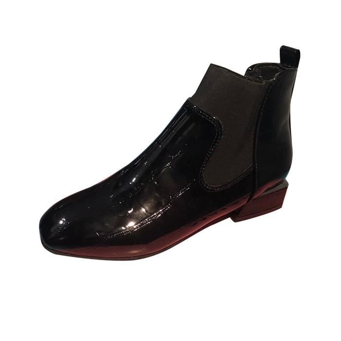 Femmes Bottes Slip Chaussures Casual Verni Cuir Bout Talon Martin Carré Noir Épais rqOBrH