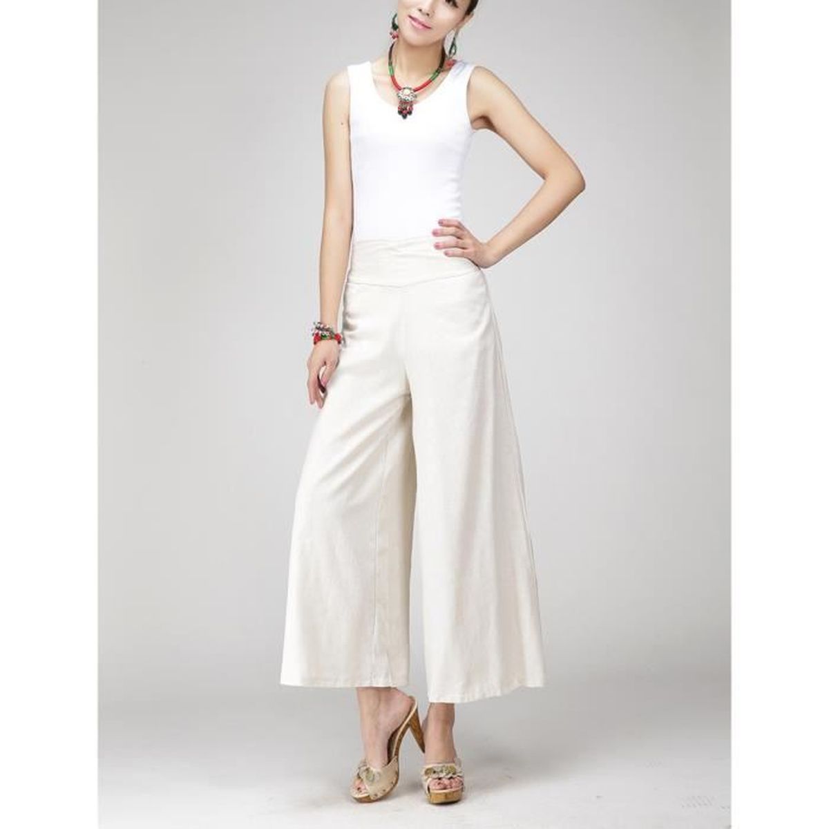 Pantalon femme large jambe beige lin coton taille haute ...