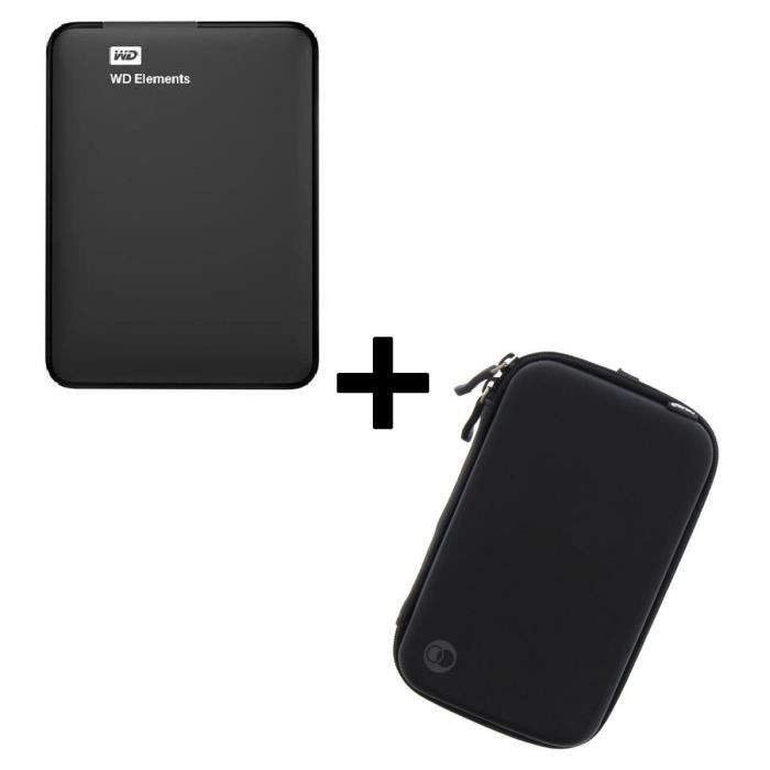 Pack WESTERN DIGITAL Disque Dur externe Element 2.5'' - 750Go - Noir - Reconditionné à neuf + Etui rigide disque Dur 2.5'' - Noir