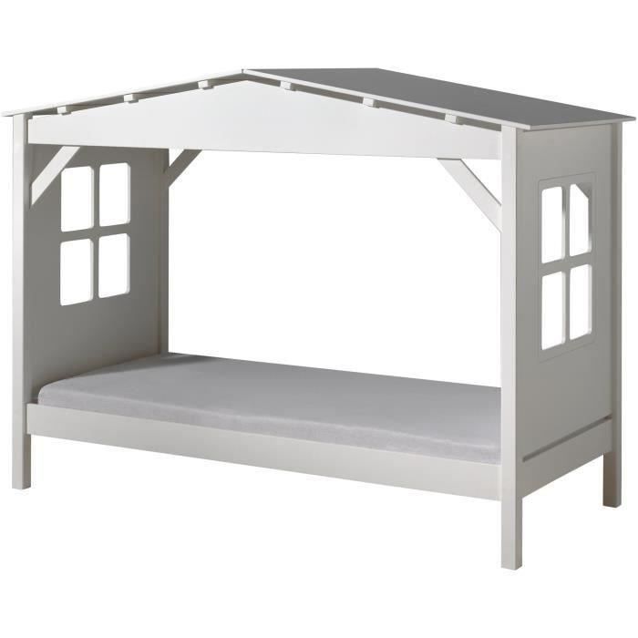 PINO Lit enfant cabane et lit gigogne 90x200 - Blanc