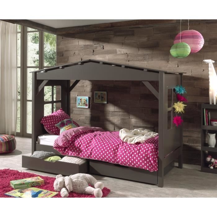 PINO Lit enfant cabane et tiroirs 90x200 - Taupe