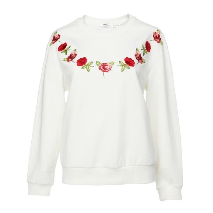 DAPHNEA - Sweat Blanc avec Couronne de Fleurs Brodée