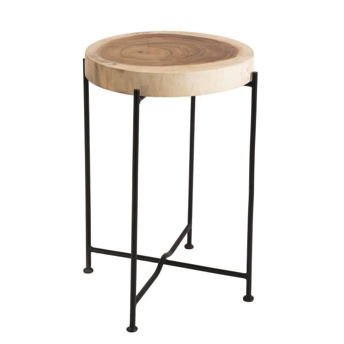 Produit shopeco.fr : Table d'appoint ronde ethnique en bois mungur massif naturel - Pieds en métal - Ø37 cm
