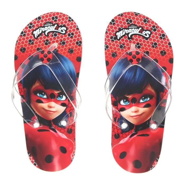 MIRACULOUS - Tongs Rouge à Pois Lady Bug Sérigraphiées - Enfant Fille