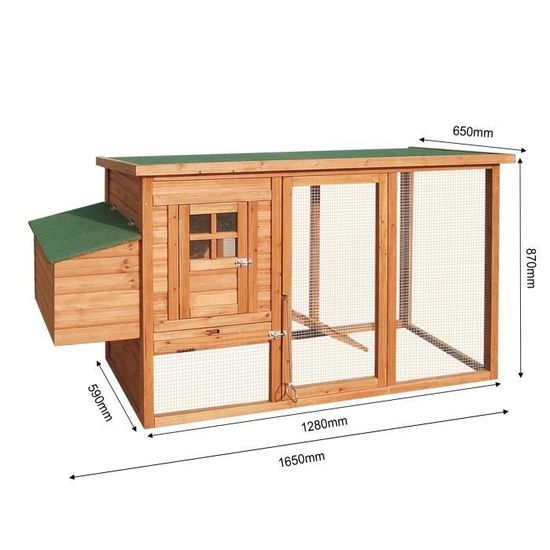 Poulailler En Sapin Bois Et Métal 165 X 65 X 87 Cm 2 à 4 Poules