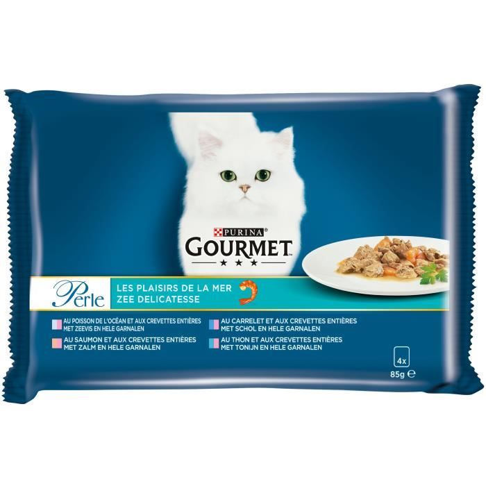 GOURMET Perle Les Plaisirs de la Mer au carrelet, au thon, au saumon - Sachets fraîcheur - Pour chat adulte - 4 x 85 g