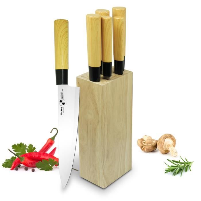 BACKEN 310602 - Bloc Couteaux de cuisine 6 pièces - Acier inoxydable - Japonais - Bois