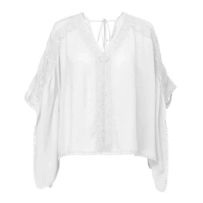 DEELUXE - LAO Blouse Courte Oversize Blanche à Col En V et Broderie Anglaise
