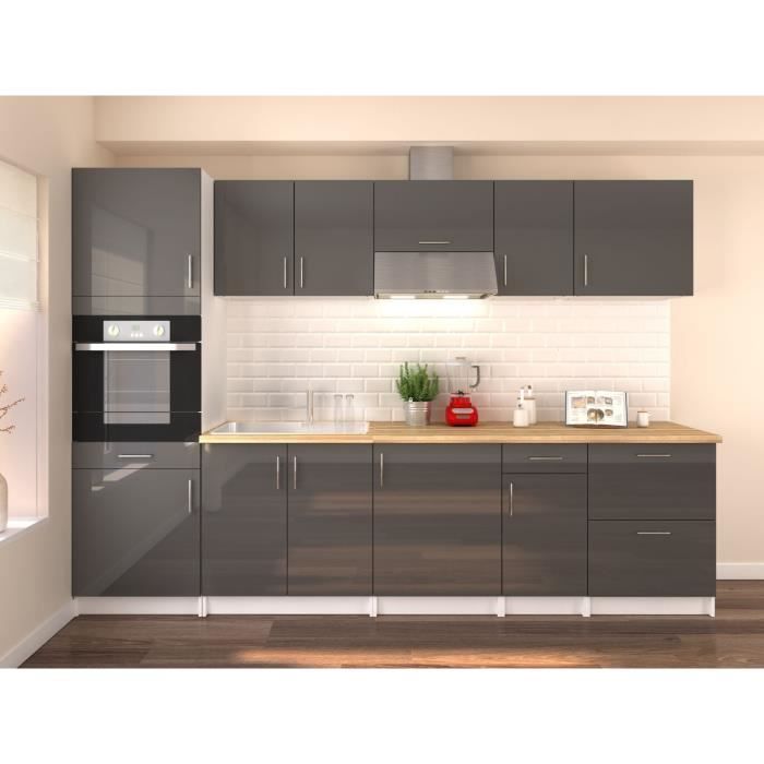 OBI Cuisine complète L 300 cm avec colonne - Gris laqué brillant