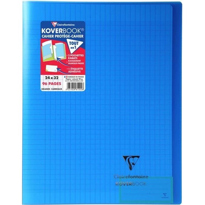 Cahier Koverbook Clairefontaine - bleu - grands carreaux - 24 x 32 cm - 96p