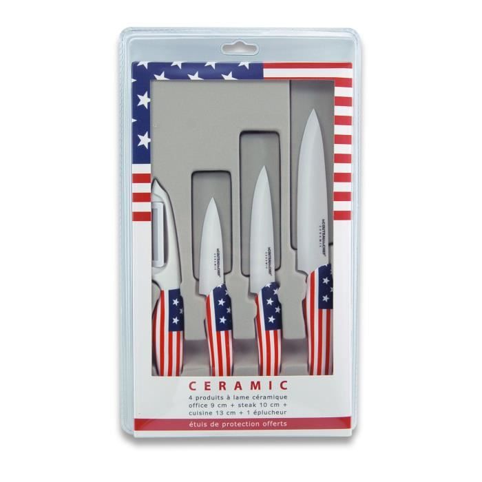 LE COUTEAU DU CHEF Coffret 1 éplucheur + 1 couteau office + 1 couteau à steack + 1 couteau chef manche soft touch - Décors USA
