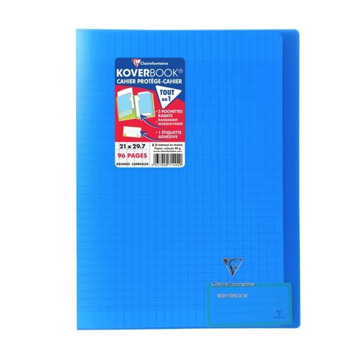 CLAIREFONTAINE - Cahier piqure KOVERBOOK - 21 x 29,7 - 96 pages Seyes - Couverture Polypro translucide - Couleur bleue