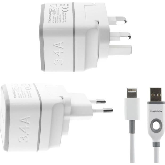 THOMSON Chargeur secteur de voyage avec câble USB / connectique Lightning - Blanc