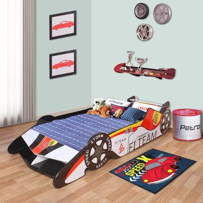 Langria Lit Enfant à Thème Racecar En Bois 187x73x385cm Voiture De
