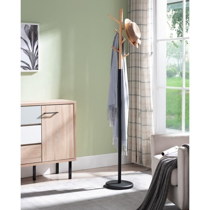 Porte manteau FLIP en métal - Noir et décor bois - L 28 x l 28 x H 177,5 cm