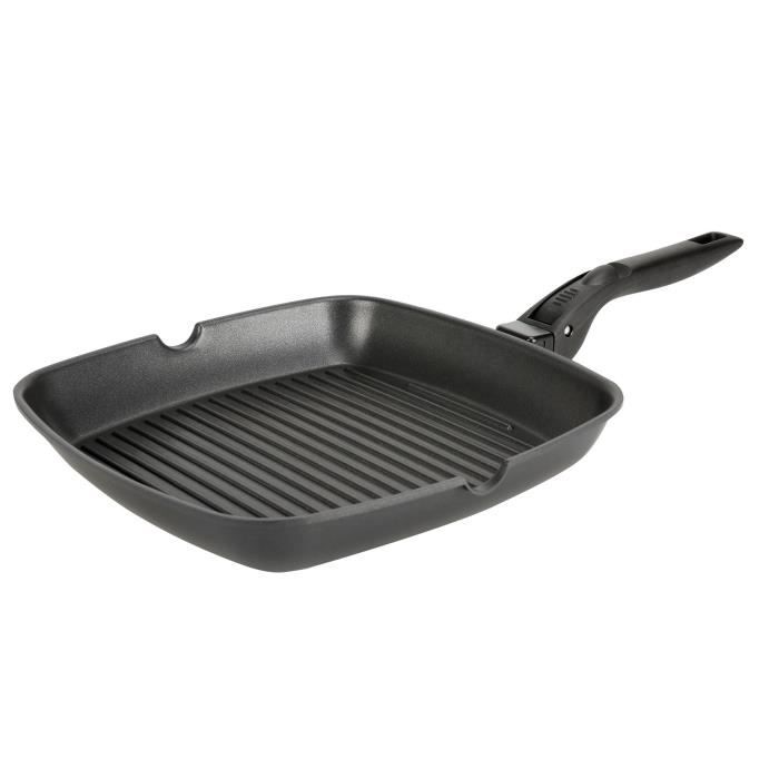 CREALYS Poêle grill carrée Declic en fonte d'aluminium - 28 cm - Noir - Tous feux dont induction