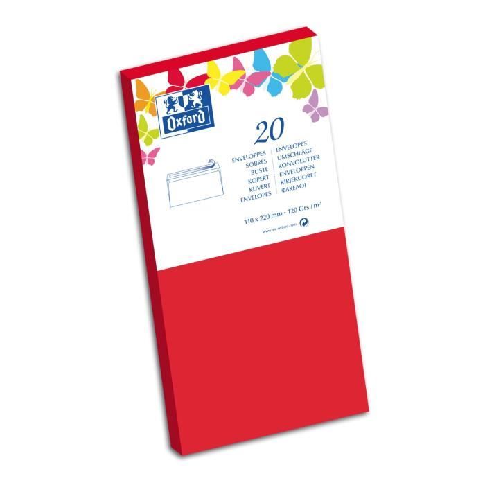 OXFORD 20 Enveloppes auto-adhésives - 120g - 22 cm x 11 cm x 1,5 cm - Rouge