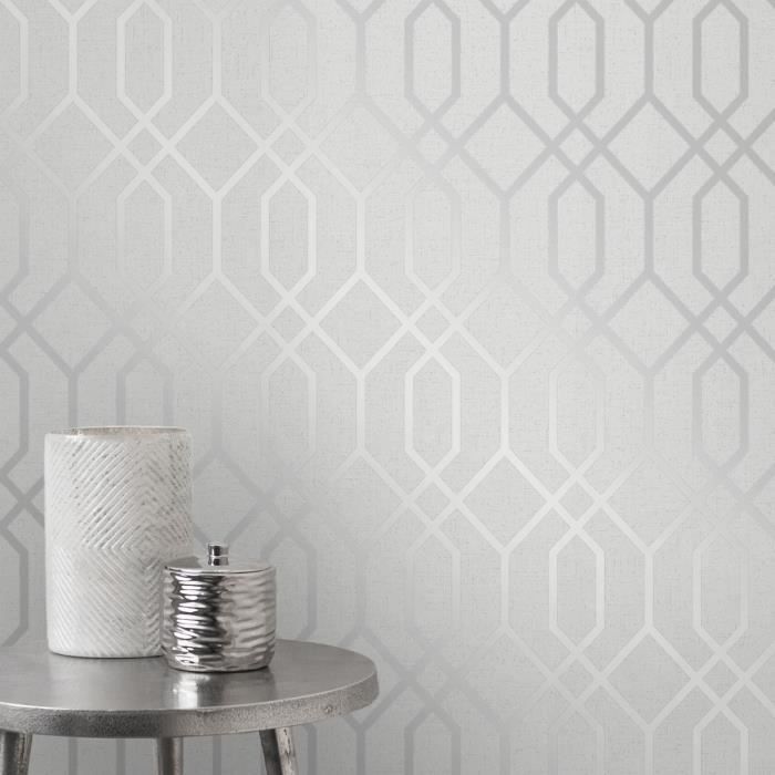 Quartz Treillis Géométrique Papier Peint Argent Et Gris Fin Décor