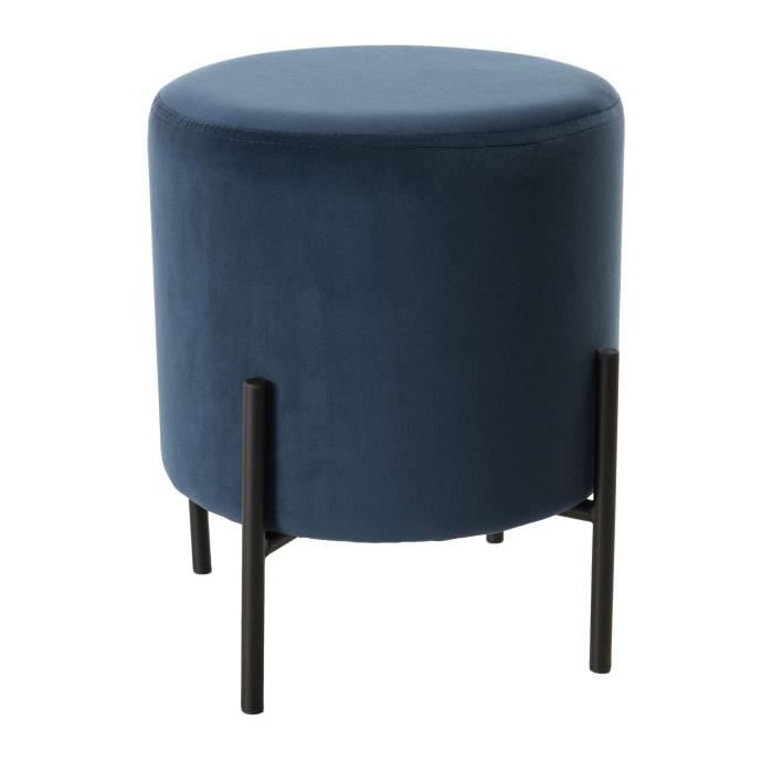 BLANCHE Tabouret rond - Pieds métal et tissu velours bleu nuit - 35 x 35 cm