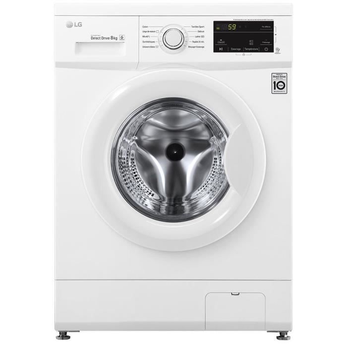 LG F84J30WH Lave linge frontal 8Kg 1400t Direct Drive A+++(-30%) Affichage digital -Fin différée 3-19H