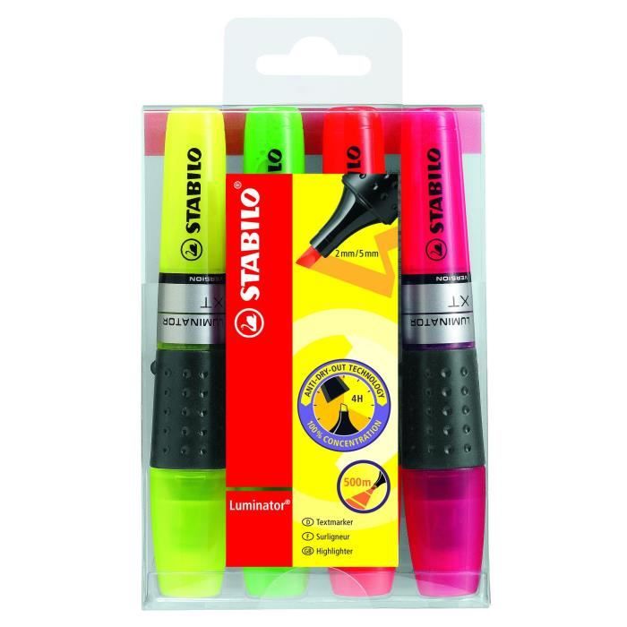STABILO LUMINATOR - Pochette de 4 surligneurs - jaune + vert + orange + rose