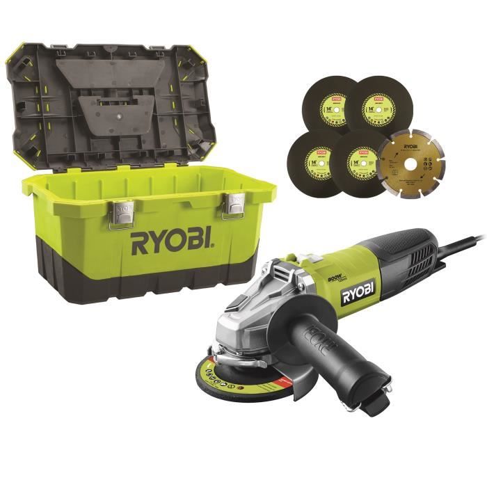 RYOBI Meuleuse d'angle - 125 mm - 800 W - Avec boîte à outils et 6 disques