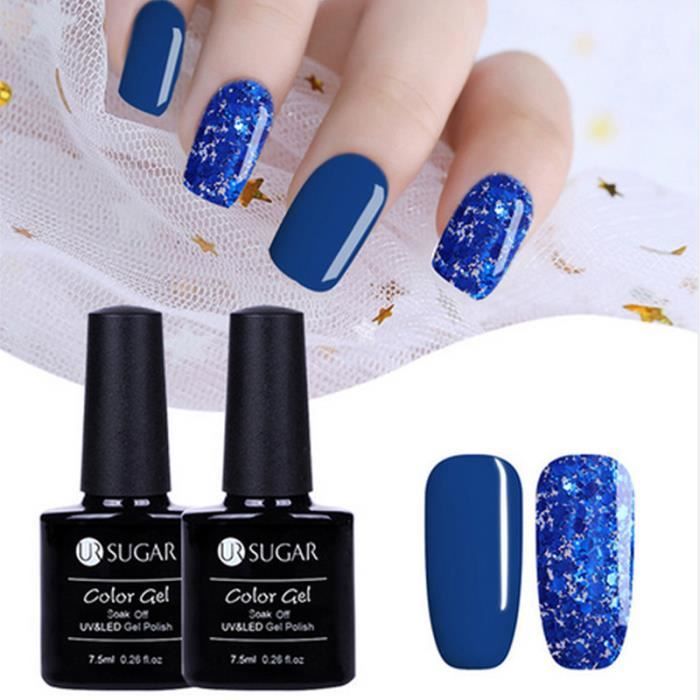 2 bouteilles vernis gel uv à ongle Bleu royal paillettes série couleur UR SUGAR semi permanent
