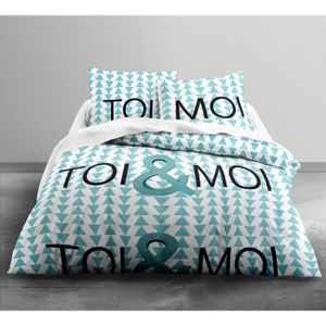 TODAY Parure de couette Enjoy Toi & Moi 100% Coton - 1 housse de couette 240x260 cm + 2 taies 63x63 cm blanc, turquoise et noir