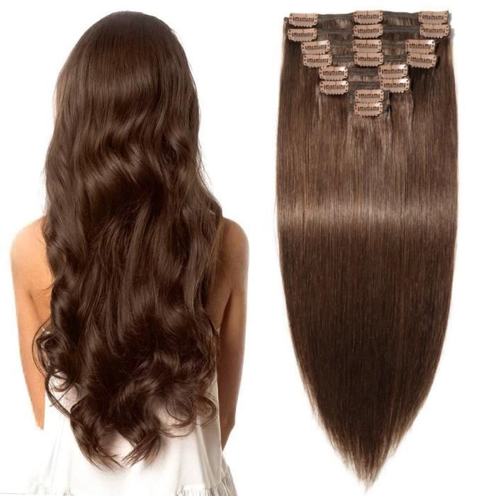 9 bandes 120g extensions a clips 100 cheveux humains 24" 4 marron chocolat Achat / Vente