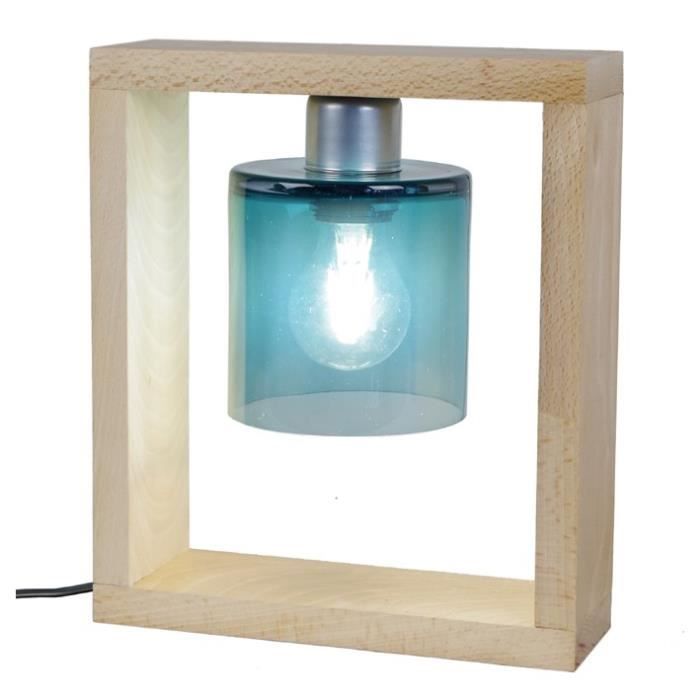 TRIUMPH Lampe à poser Bois Hêtre massif verre soufflé - 25x8x29cm - Bleu Pétrole