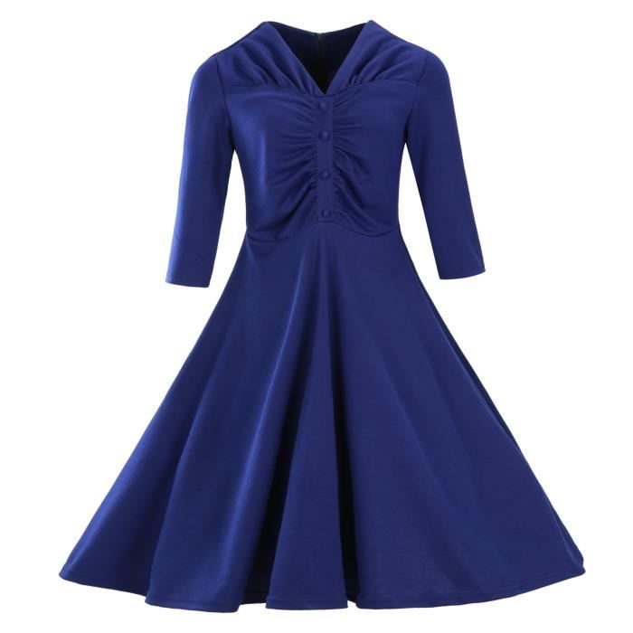 Bleu Rétro Robe Femme Mi-Longue Col V Manche 3-4 Grande ...