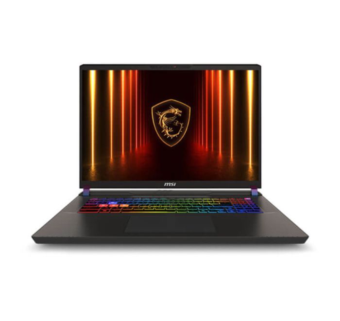 Écran du PC portable MSI Vector 17 HX AI affichant un logo MSI sur fond lumineux