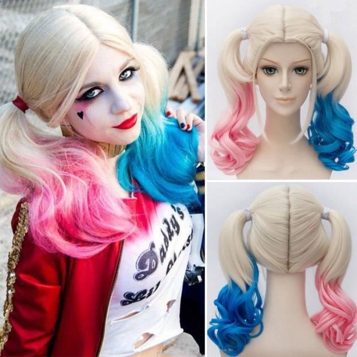 Extensions De Cheveux Batman Suicide équipe Harley Quinn Cosplay Perruque Rose Bleu Gradient 