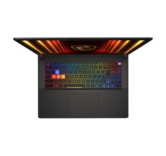 Vue de dessus du clavier rétroéclairé du PC portable MSI Vector 17 HX AI