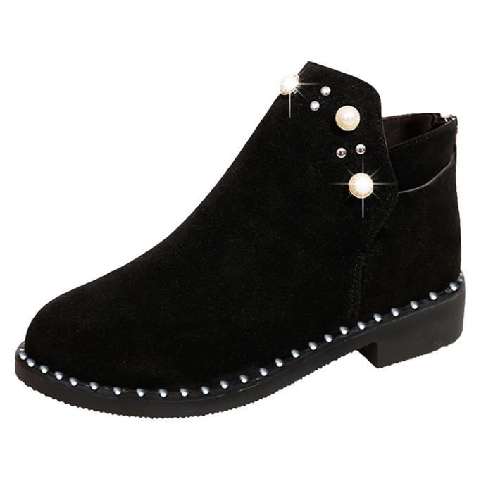 Daim Noir Martain Vintage Femmes Bottines Plates En Hx528 Zipper Bottes Boot Perle Chaussures H4q6A