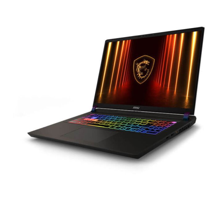 PC portable MSI Vector 17 HX AI avec écran allumé affichant un logo MSI sur fond lumineux