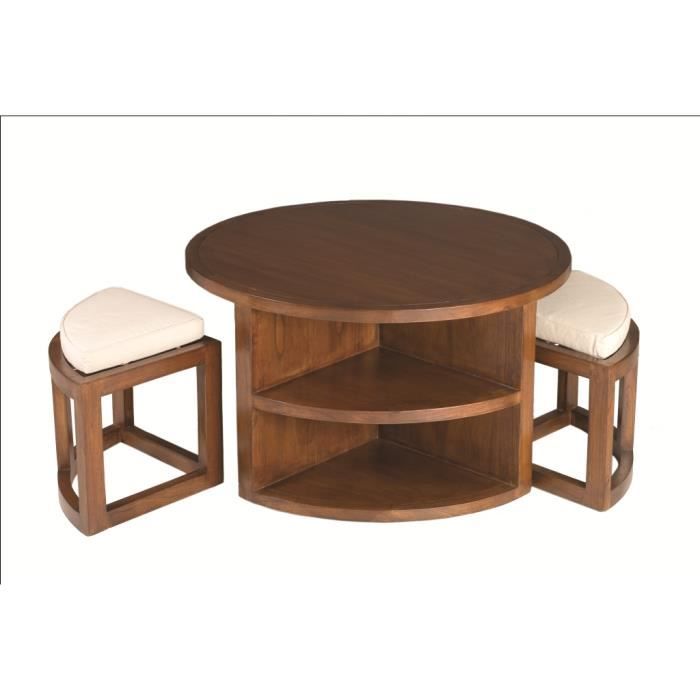 LOLA Table basse ronde ethnique + 2 tabourets avec coussins D 90cm