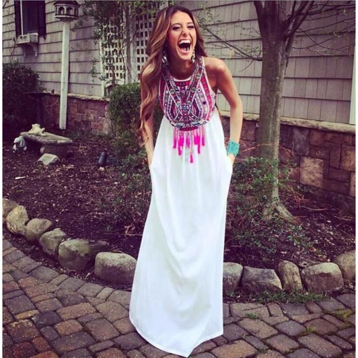 Vintage Femmes Robe Longue Robe 2016 Nouvelle Collection Tassel Design Plage Sans Manches Col Rond En Vrac Robes Dété
