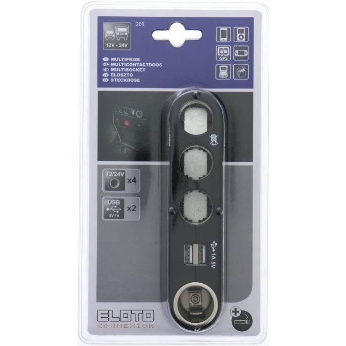 ELOTO Connexion mutiprise allume-cigare - 4 Sorties 12V / 24V avec 1 sortie allume-cigare + 2 Sorties Usb