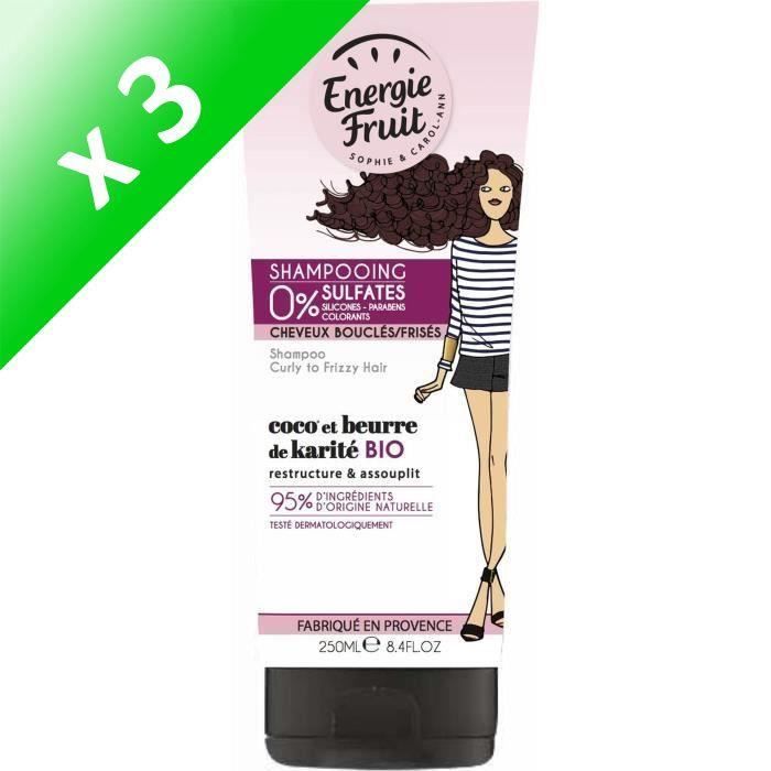 ENERGIE FRUIT Shampoing pour cheveux bouclés ou frisés - Coco et Beurre de Karité - 250 ml (Lot de 3)