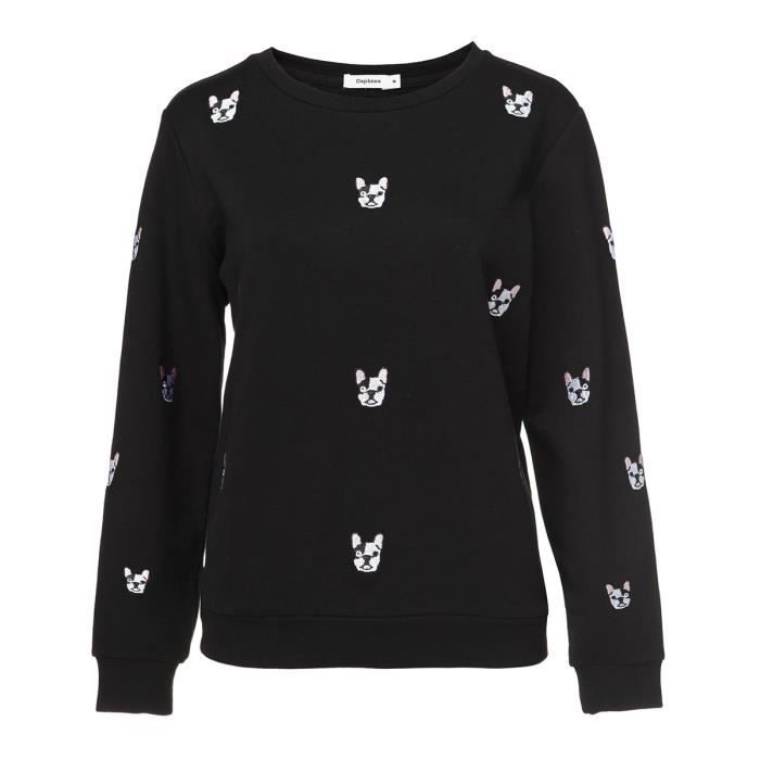 DAPHNEA - Sweat Noir Brodé de Bulldogs All Over